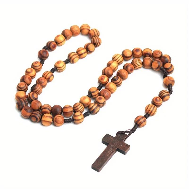 1pc Vintage Wood Rosary Beaded Jesus Cross Wooden Pendant Necklace for Women Men Fashion Religious Jewelry