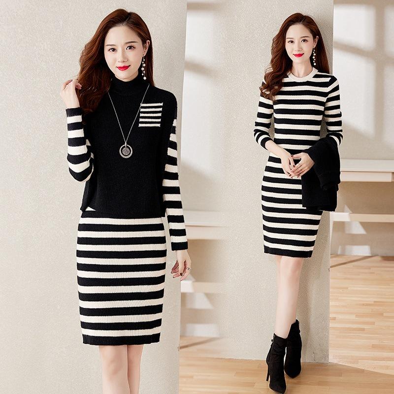 

Half Turtleneck Knitted Dress Two-piece Set for Women In Autumn and Winter Featuring Vest Striped Sweater and Dress S чёрный
