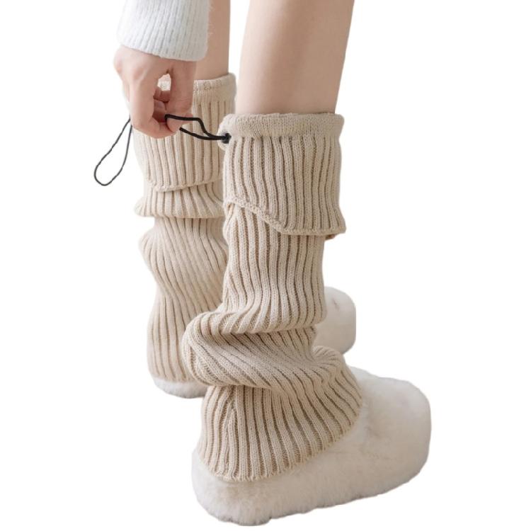 Solid Color Drawstring Leg Warmers for Women Girls Ribbed Knit Turn Cuff Boot Covers Socks for Ballet Dance Skating Yoga