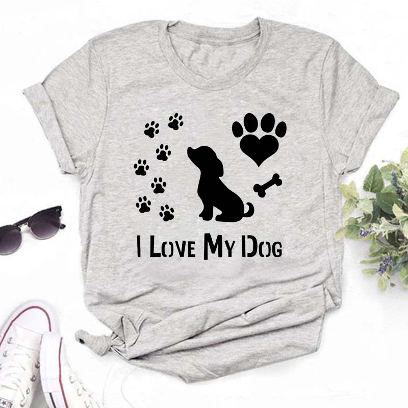 Women Dogs Paws Love Heart Printed T-shirts Fashion Summer Short Sleeve Lady Womens Clothes Tops T-Shirt Black Shirt Tees Female