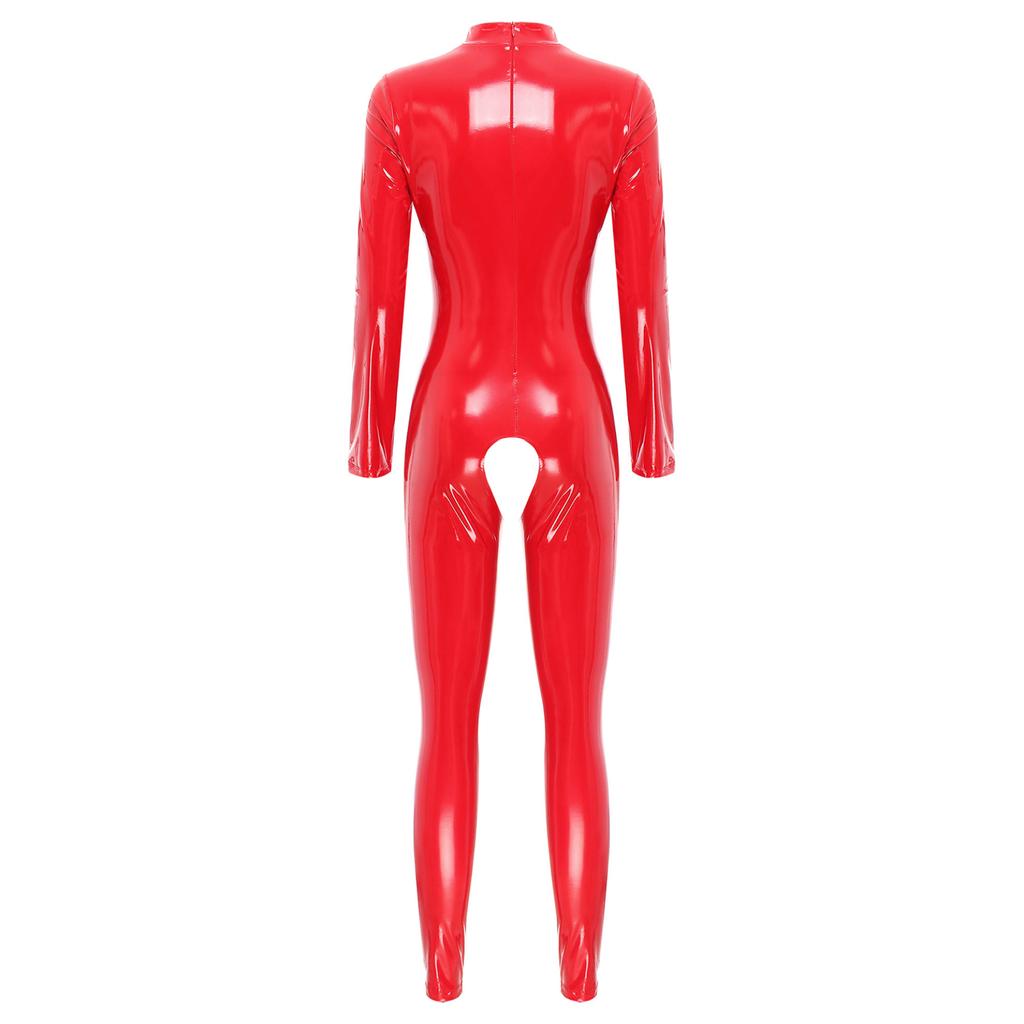 Dámská sexy metalická latexová kožená trikotová kombinéza s dlouhým rukávem, spodní prádlo, skinny