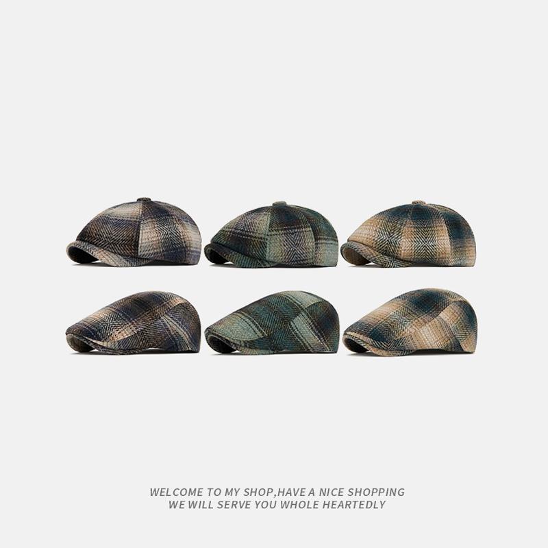 Autumn Winter Tie-Dyed Cap Men's British Newsboy Cap Warm Beret Plaid Octagonal Cap