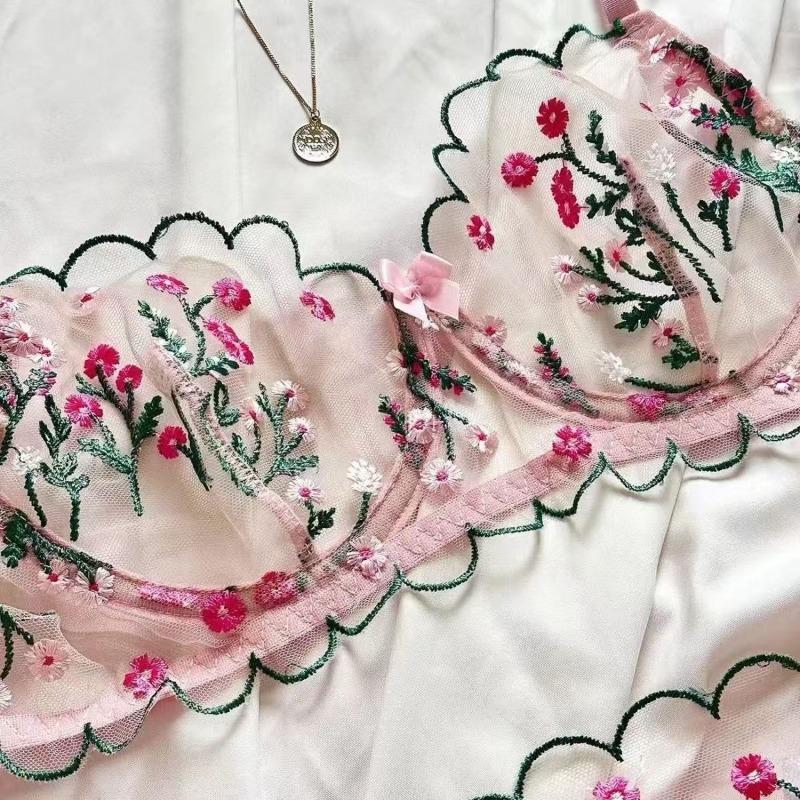 

European and American style summer explosion mesh ultra-thin single-layer embroidery steel ring gathering bra sexy underwear women s suit S розовый