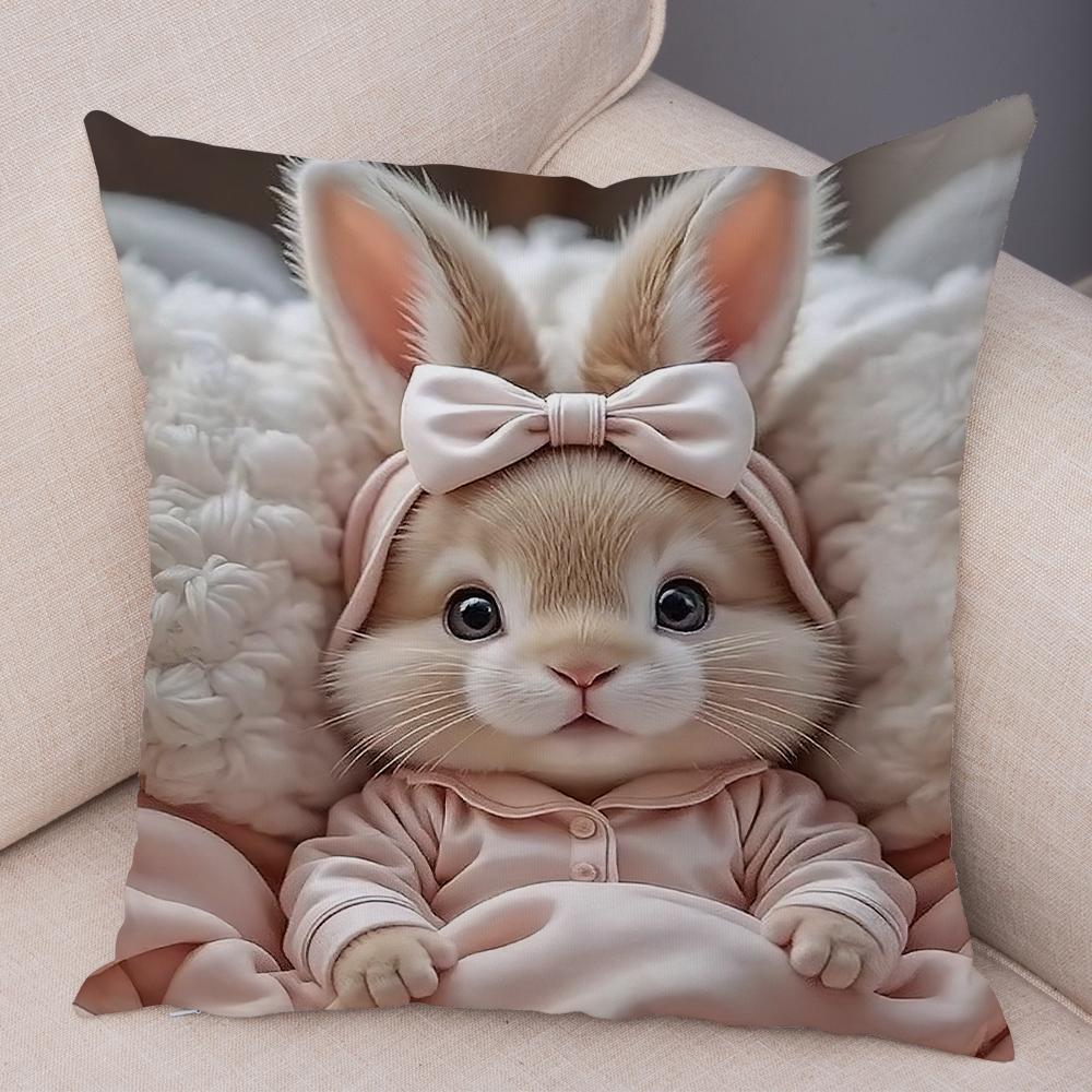 Realistic Cute Fluffy Bunny Print Throw Pillow Cover Soft Gentle Skin Touch Warm Tone Sofa Bedroom Home Decor Present