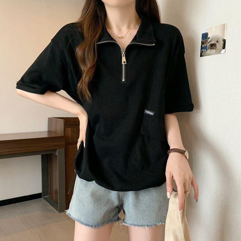 T-shirt da donna a maniche corte con colletto mezzo zip e tasca, top casual ampio