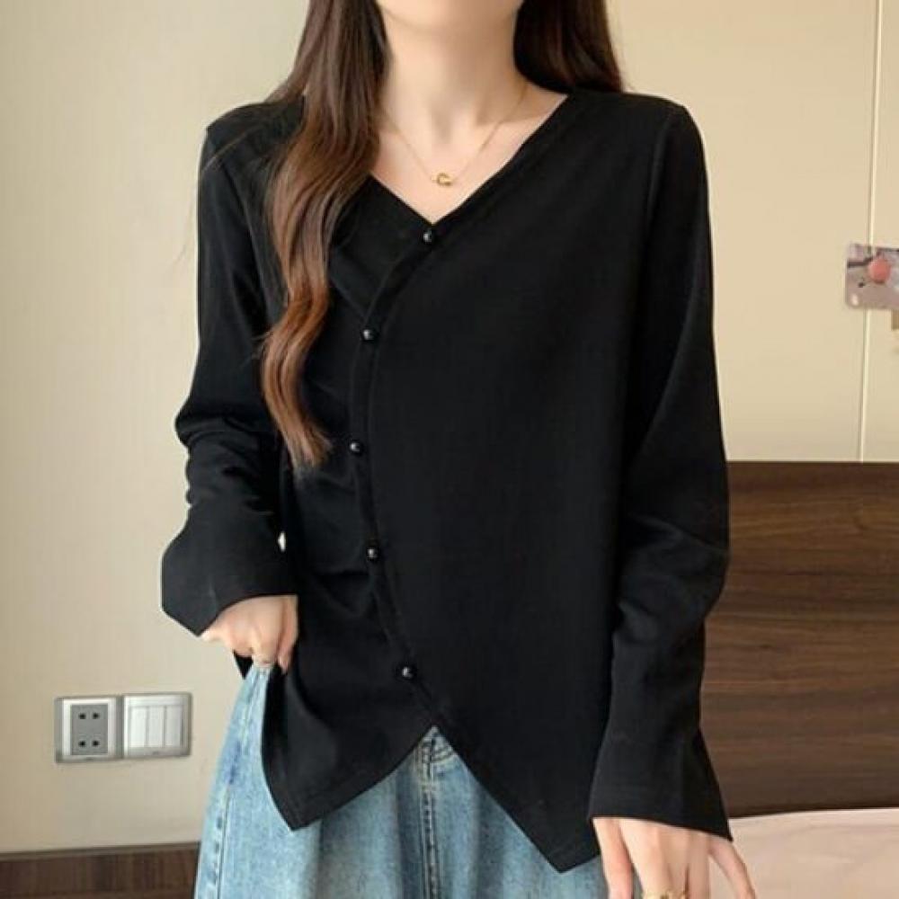NaVaVa RomanTic Pearl BuTTon PoinT V Neck Long sleeVe T shirT nT2937