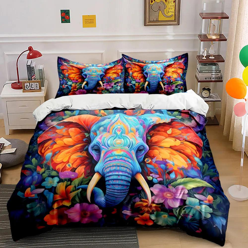 Colorful Elephant Floral Art Set Multiple sizes kid's and adults' bedroom Exquisite 3PC bedding set gift