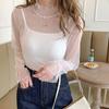 Dot Lace Flower Top Half High Collar Long Sleeved Mesh T-Shirts Transparent Pullover Top  Summer