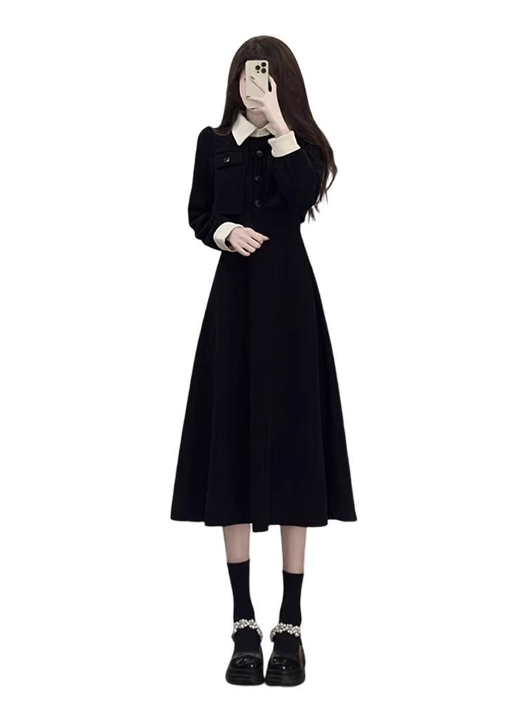 [Original Practice] Early Autumn Black Dress Children Xiaoxiang Hepburn Style Waist and Thin Dress with a Whole