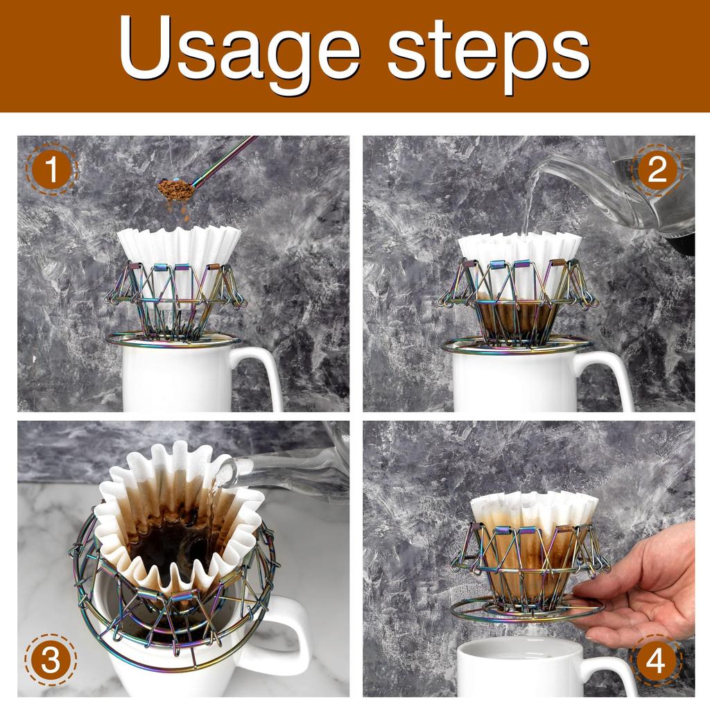 TOCCOOL Stainless Steel Coffee Dripper, Foldable Portable Coffee Filter Holder, Reusable, Fits Coffee Filters and 60 Degree Conical Filters (Colorful)