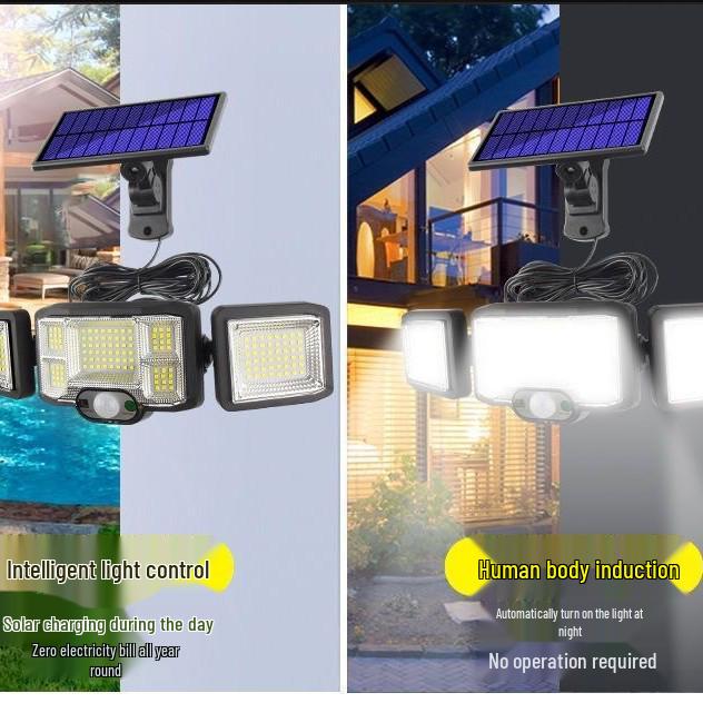 Triple-Head Rotatable Solar Outdoor Wall Lamp for Streets and Courtyards
