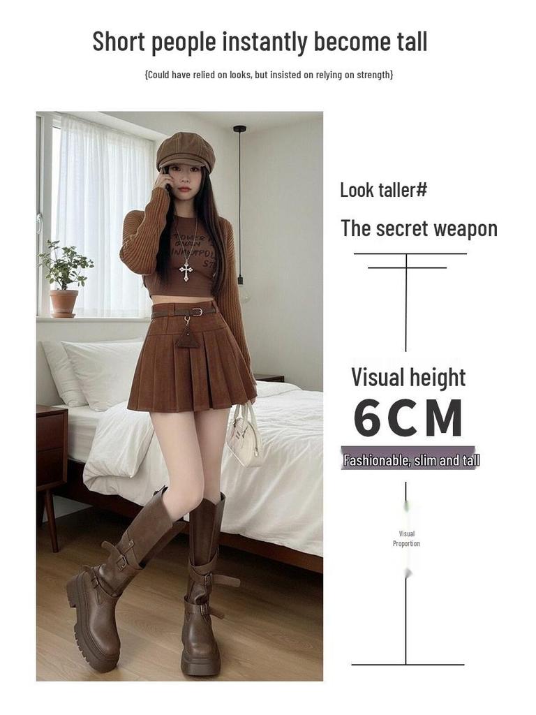2026 Spring Retro Pleated High-Waisted Suede Skirt - Women's Slimming, Leg-Lengthening Academy Style
