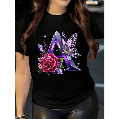 European Sizes Women'S Black Graphic T-Shirt with Butterfly Rose & Letter A Print  Heavyweight Slim Fit Short Sleeve Round Neck Top