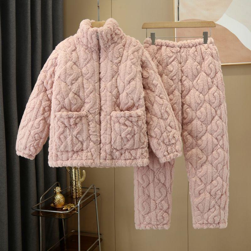 Women's Quilted Fleece-Lined Winter Pajama Set - Plus Size, Cute, Thick, Round Neck Homewear.