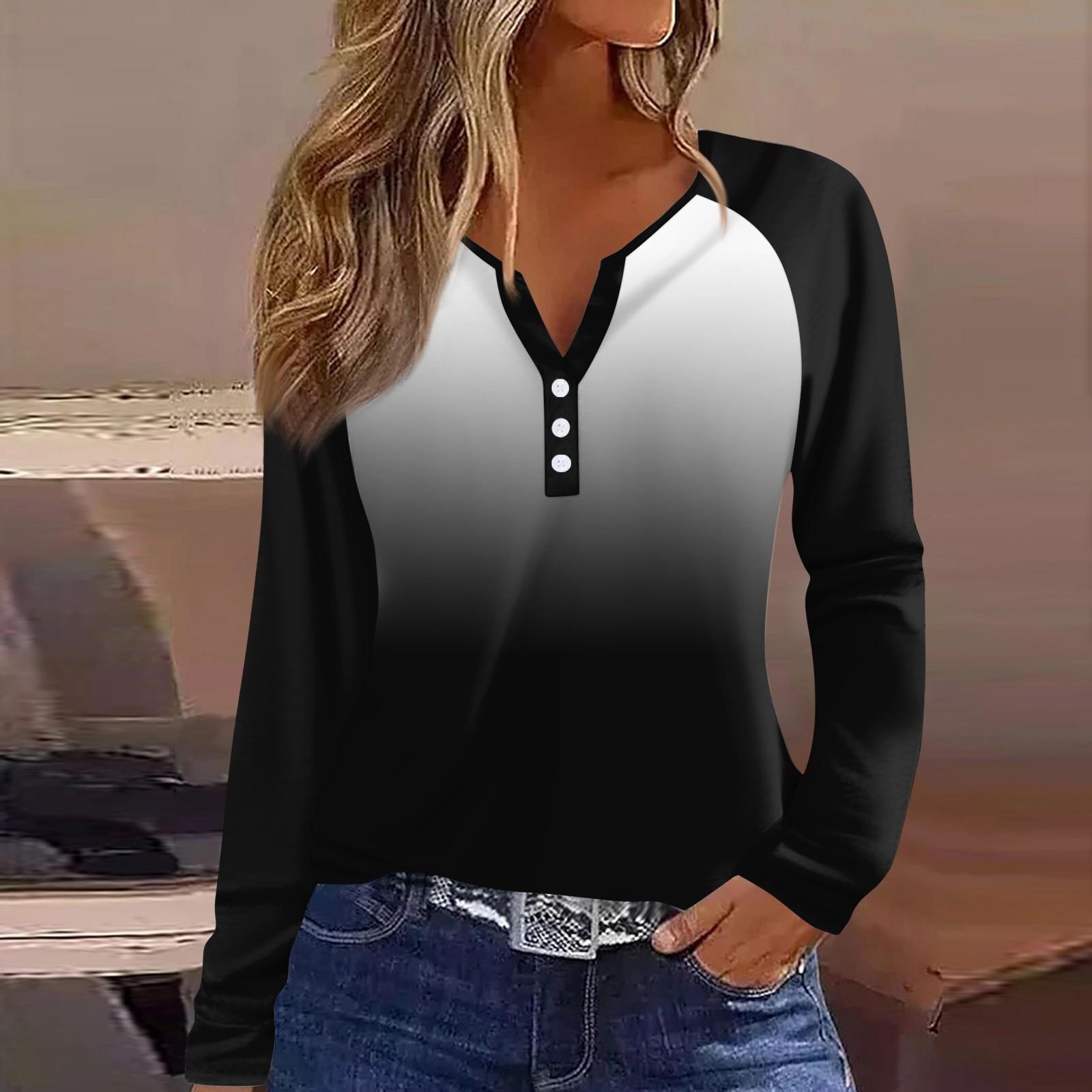 

Женская футболка с принтом, на пуговицах, с длинным рукавом, повседневная, для выходных, модная, базовая, с V-образным вырезом, обычный топ XXL