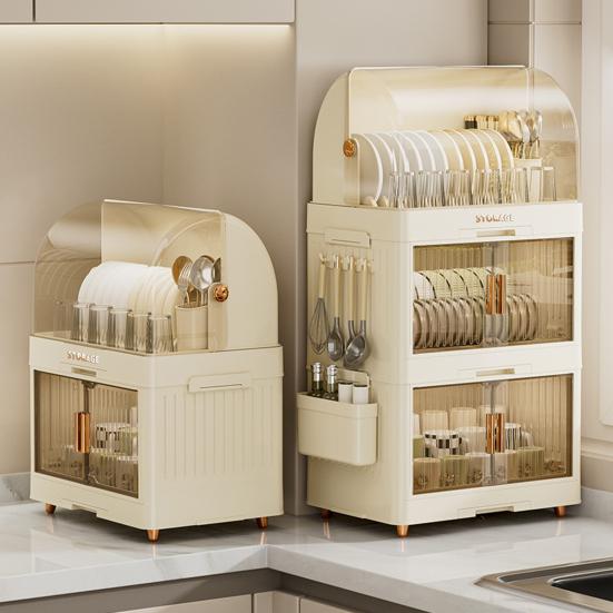 Stackable Tableware Storage Box Multi-Tier Dinnerware Organizer with Clear Lid Doors Hooks Dishes Plates Cups Storage Bins with Drainage Tray