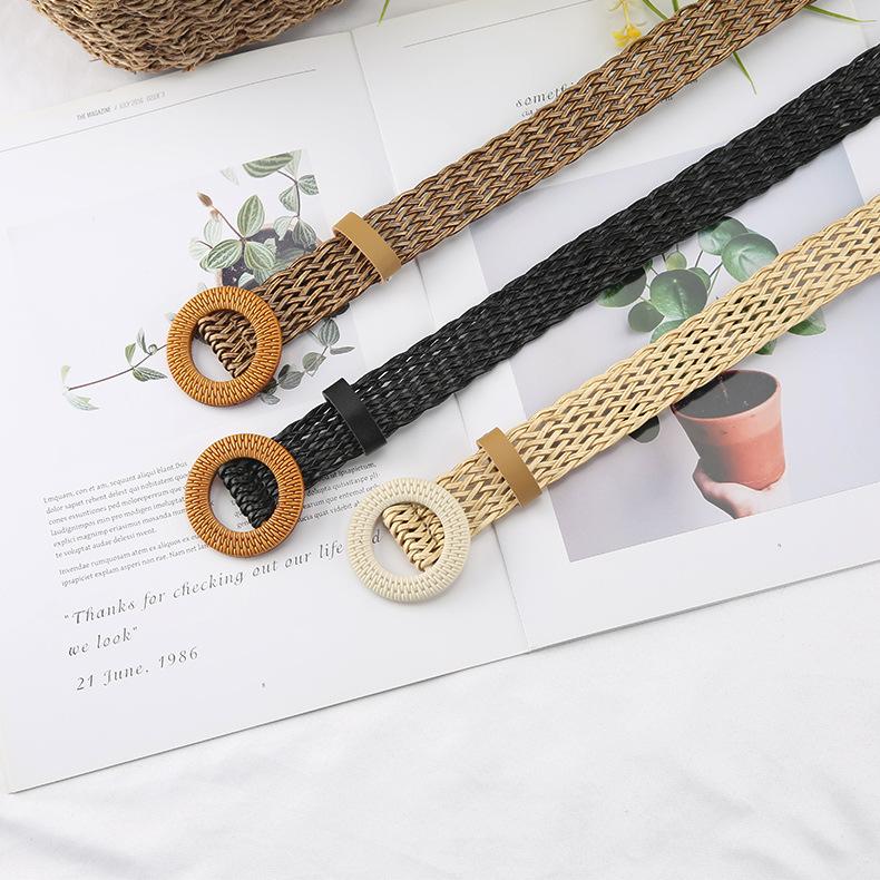 Woven Belt Women'S Retro Cotton And Linen Ethnic Style Dress Waist Seal Round Buckle Decorative Belt