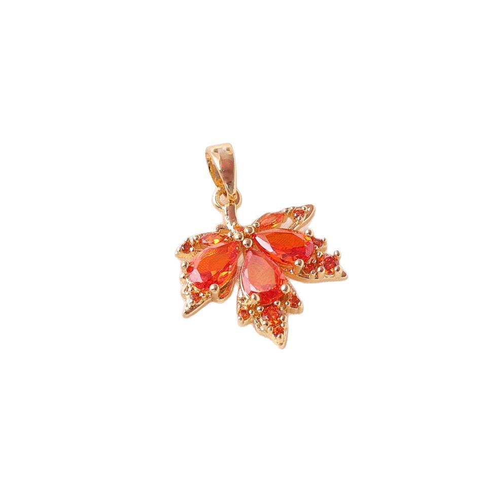 Golden Maple Leaf Pendant with Orange Cubic Zirconia for Fashionable Collarbone Chain