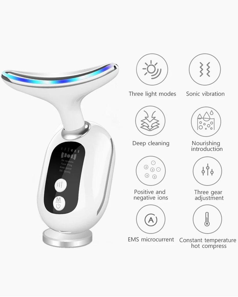 Beautiful EMS Microcurrent Neck & Face Lifting Device - Reduces Neck Lines & Nasolabial Folds, Enhances Firmness with Light Therapy.