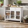 Buffet in the living room with a cabinet with tempered glass doors with a ribbed pattern, a drawer, 3 open compartments and adjustable shelves, white