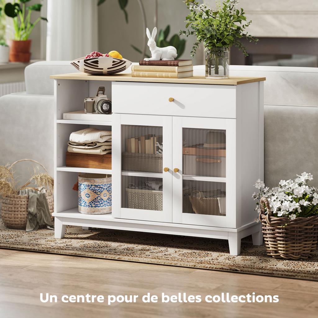 Buffet in the living room with a cabinet with tempered glass doors with a ribbed pattern, a drawer, 3 open compartments and adjustable shelves, white