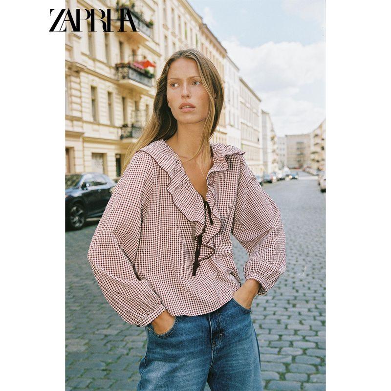 Zaprha 2025 Autumn New Small Plaid Laminated Decoration Bow V-neck Long sleeve Shirts Top 5029181