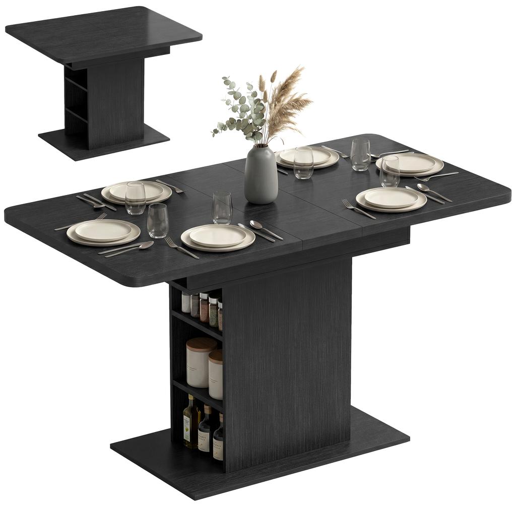 Extendable Dining Table for 4-6 People, 110-130cm Kitchen Table with 6 Open Shelves, Black