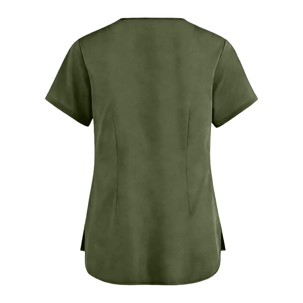Women's Fashionable Loose-Fit Short-Sleeve V-Neck Pocket Blouse With Slit