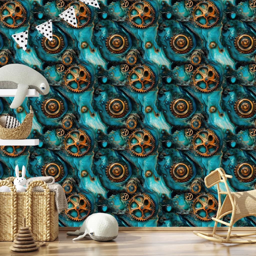 Turquoise, Sea and Ochre Ink Wallpaper for Living Room and Bedroom 50x1000