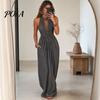 Rochie casual tip halteră plisată pentru femei, rochie maxi cu gât, decolteu adânc V, fără mâneci, fluidă, rochie de soare pentru vacanță la plajă, de vară, fluidă, cu buzunare, fustă lungă care subțiază