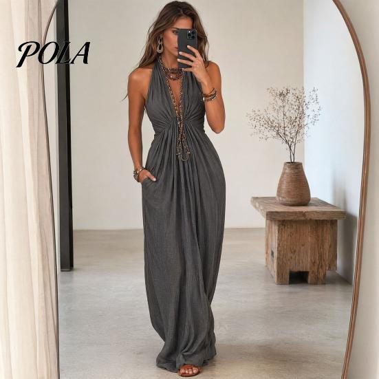 Rochie casual tip halteră plisată pentru femei, rochie maxi cu gât, decolteu adânc V, fără mâneci, fluidă, rochie de soare pentru vacanță la plajă, de vară, fluidă, cu buzunare, fustă lungă care subțiază