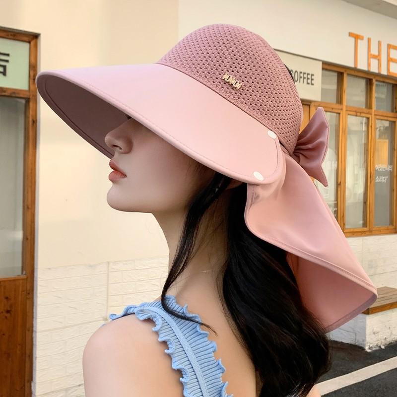 

Summer Wide Brim Bow Sun Hats Breathable Empty Top Ponytail Hat with Detachable Neck Flap for Women Outdoor Hiking Fishing Caps рожевий
