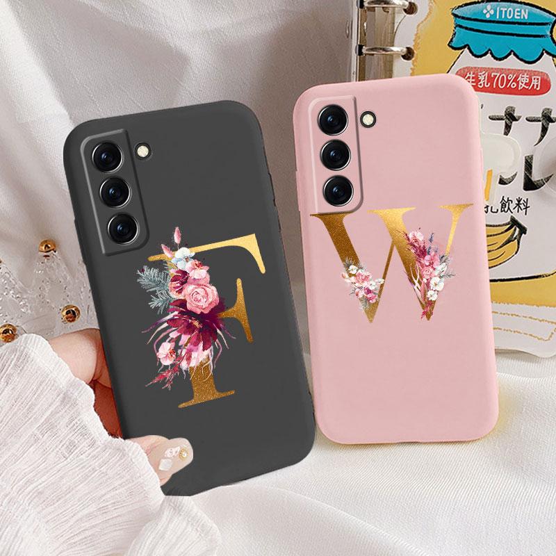 For Samsung Galaxy S22 S 22 Plus Case Flower Gold Letter A Z Soft Silicone Phone Cover For Samsung S22 Ultra Bumper S22+ Shell