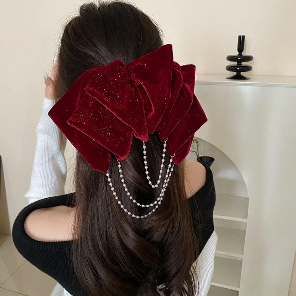 Pearl Bowknot Spring Clip Cloth Velvet Bow Hair Clip Cute   Women