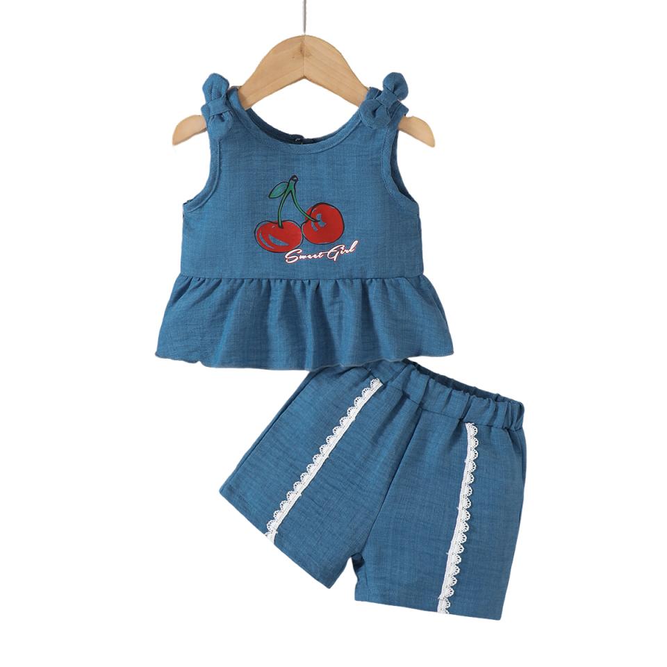 Fashion Summer Baby Girl 2PCS Outfit Cherry Print Sleevlesse Top + Lace Trim Denim Style Shorts for 0-3Y Newborn Casual Clothes 6-9M синий