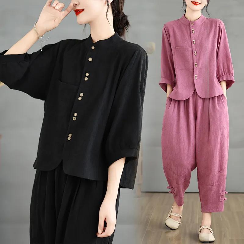 Costum din in stil chinezesc Cămașă de vară la moda pentru femei + pantaloni harem Costum din două piese