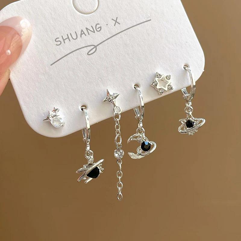 6PCS Y2K Punk Crystal Star Moon Pendant Earring Set For Women Girl Men Gothic Vintage Aesthetic Grunge Jewelry Ear Accessories