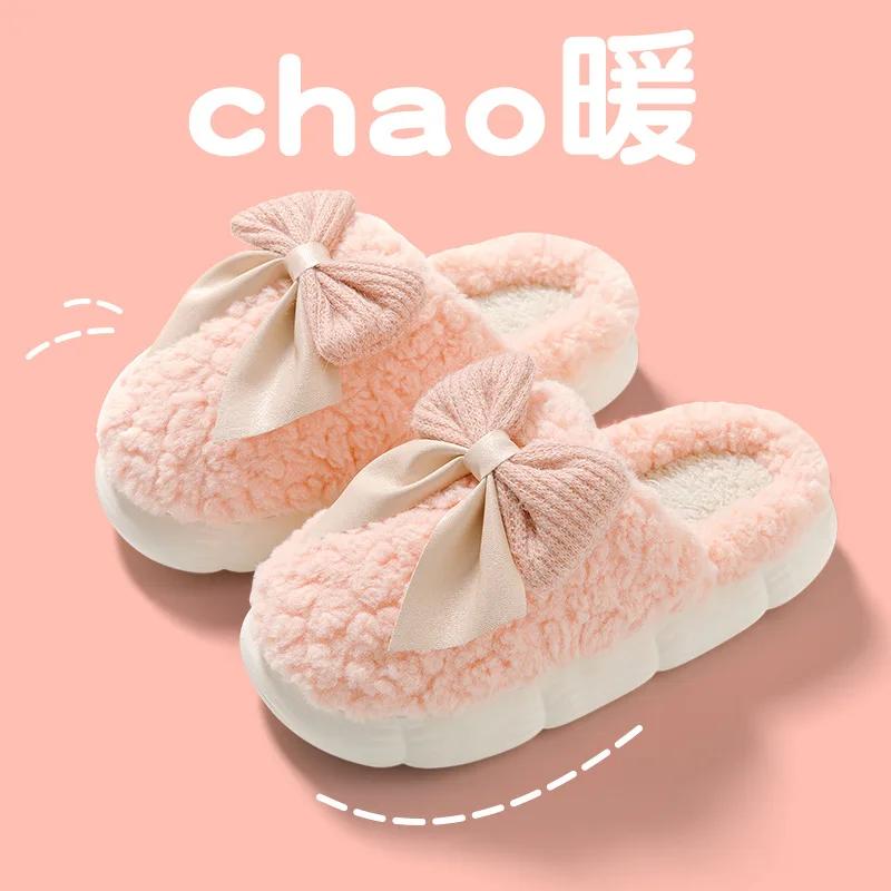 Fashion Woman Retro Fashion Bow Cotton Slippers Female Autumn Winter Indoor Home Slippers 2025 Warm Soft Plush Girls Cotton Footwear