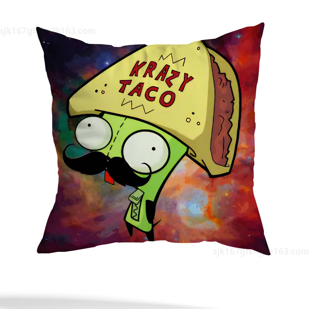 Green Invader ZIM Pillow Case Square Double-Sided Printing Short Plush Sofa Cushion Cover Bedroom Bedside Pillow