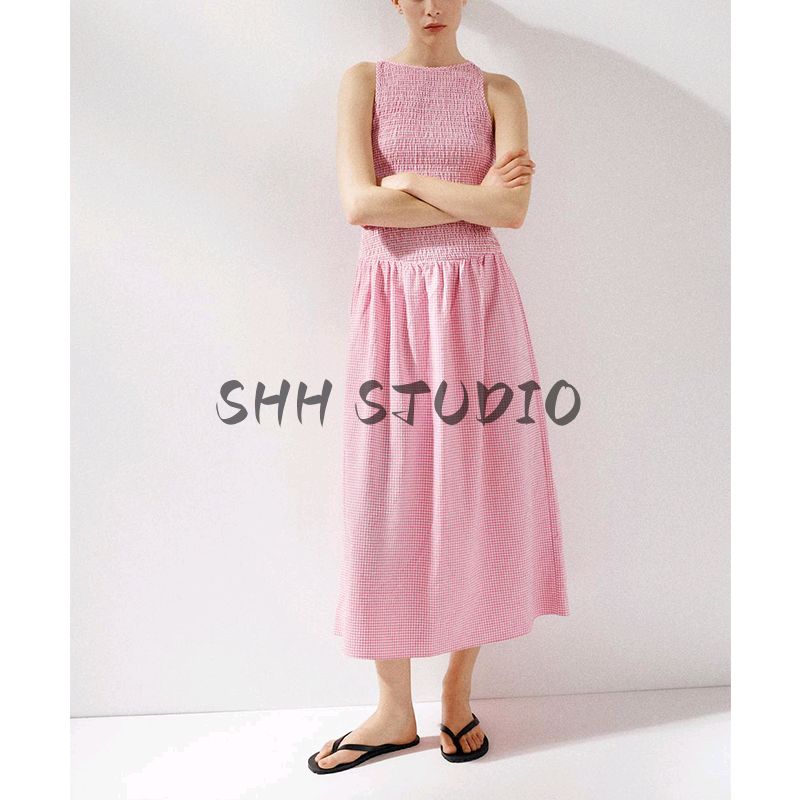 Summer New Women clothes Honeycomb Format Elastic round Neck Sleeveless Midi Dress 3067329 3067229