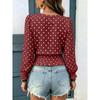 Loose V Neck Polka Dot Print Long Sleeve Casual Women T Shirt