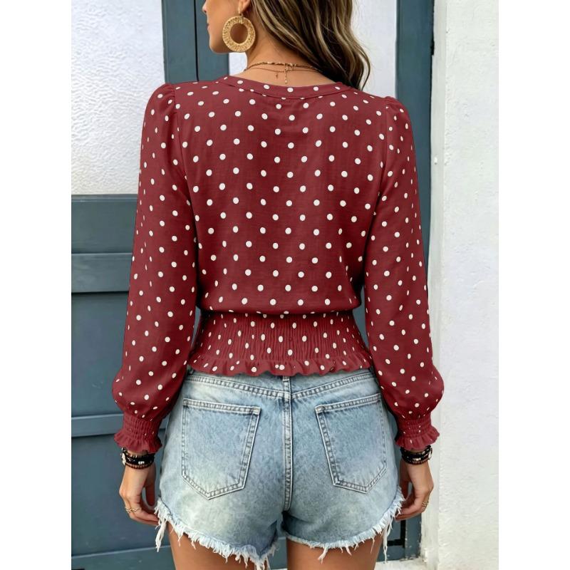Loose V Neck Polka Dot Print Long Sleeve Casual Women T Shirt