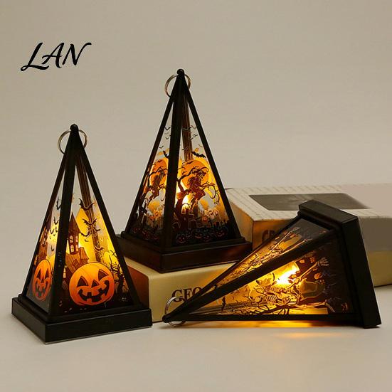 Vintage Style Table Lamp Halloween Lantern LED Candle, Spooky Pumpkin Witch Tabletop Decor with Retro Triangular Wind Metal Hanger, Electronic