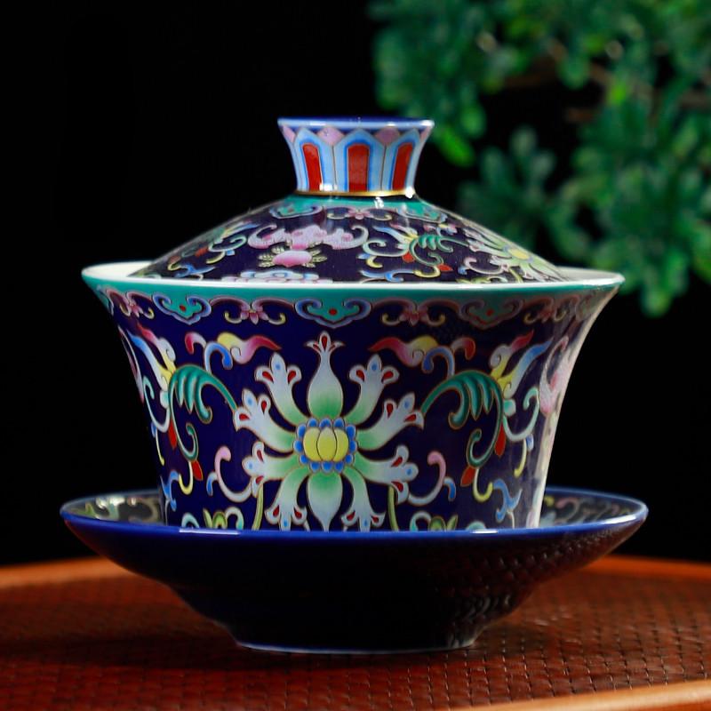 WSHYUFEI Jingdezhen Porcelain Gaiwan Exquisite Enamel Color Tea Bowl with Saucer Lid Kit Handmade ceramics Teaware 280ml