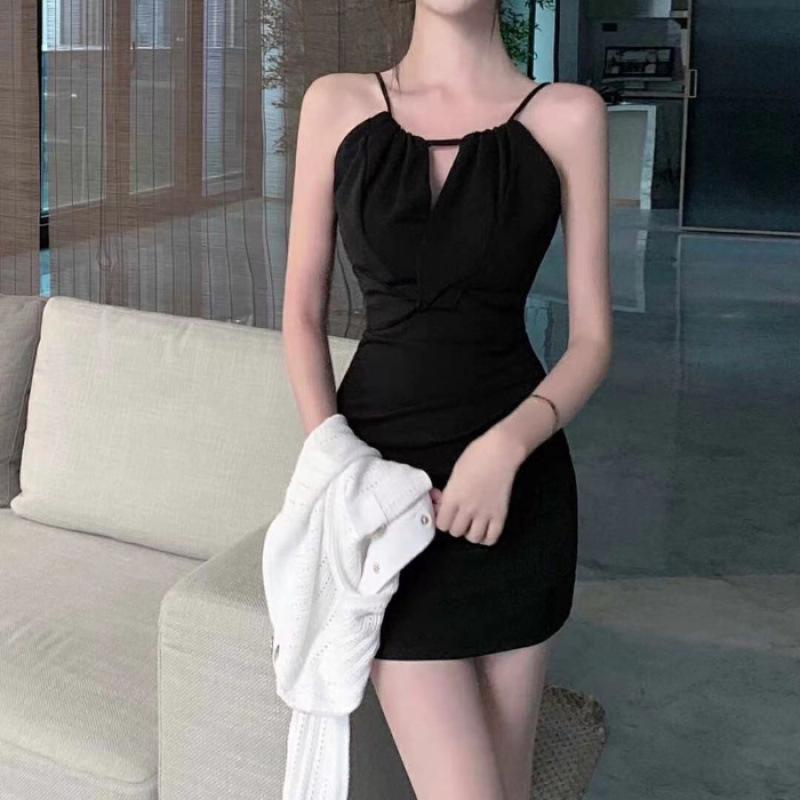 Sexy temperament neck sling waist dress summer new solid color thin hip slim fit skirt
