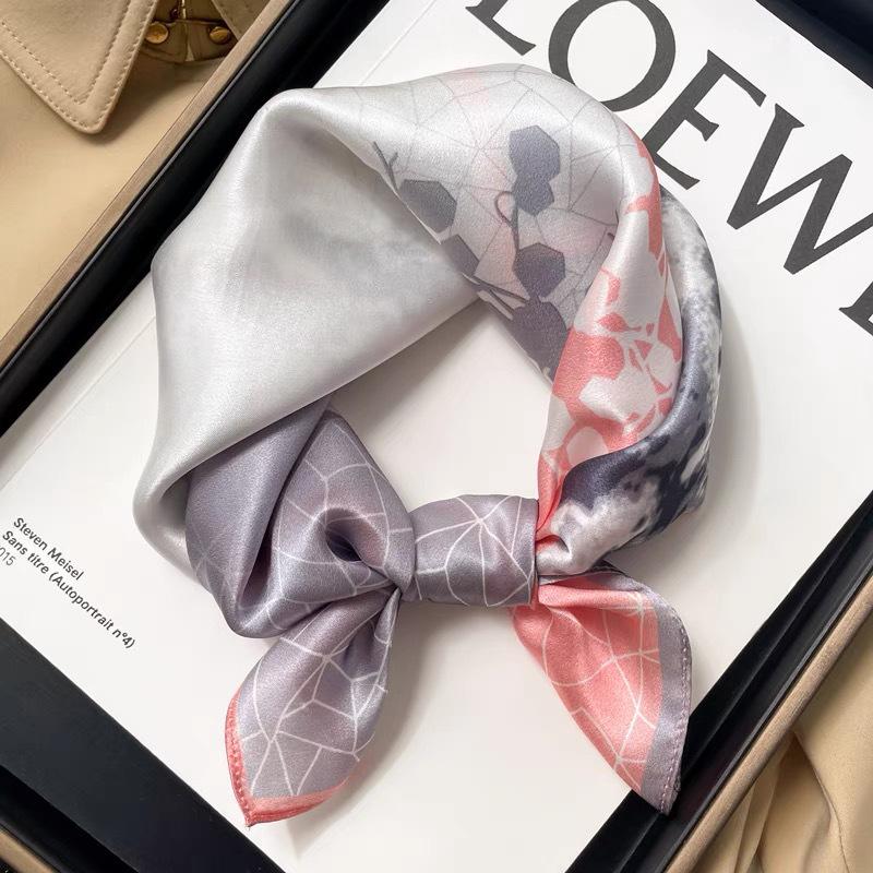 Dámský béžový hedvábný šátek - 53 cm Korejský styl Tištěný čtverec, 100% morušové hedvábí na jaro/léto