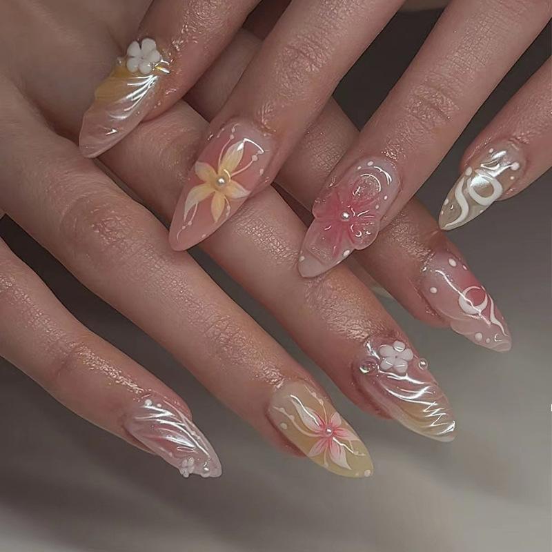 Nail Patch Removable Nail Orchid Fake Nail Elegant and Gentle Wear Nail Three-dimensional Pearl Diamond 30 Pieces