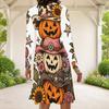 Women Plus Size Round Neck Long Sleeve Halloween Sloth Printed White A Line Dress