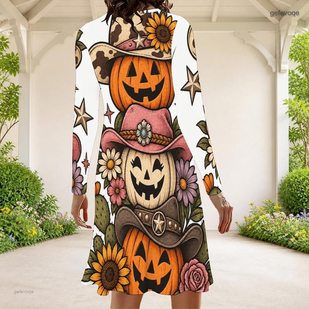 Women Plus Size Round Neck Long Sleeve Halloween Sloth Printed White A Line Dress