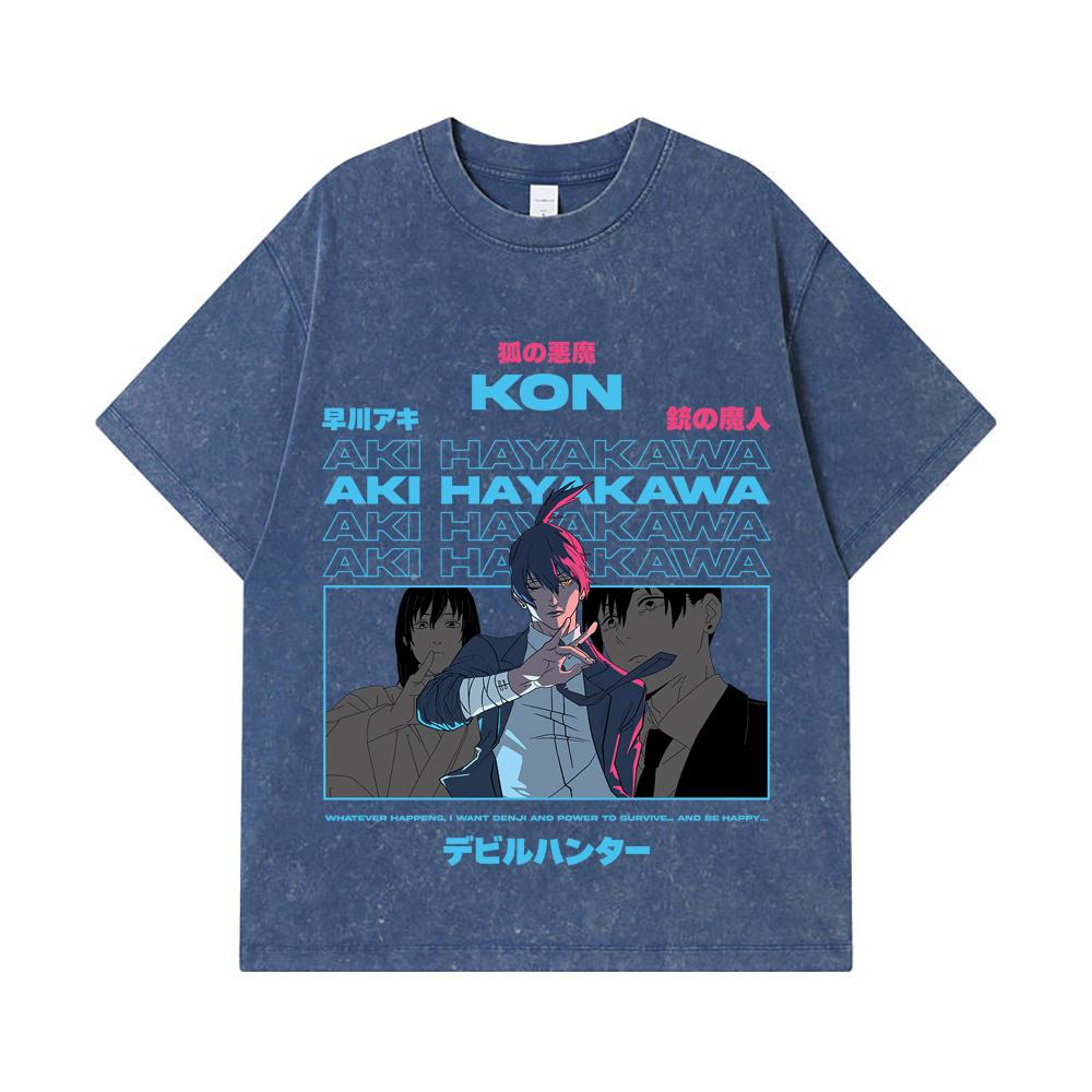 

275 GSM Washed T-shirts 100% Cotton Chainsaw Man V38 Aki Print Unisex Heavy Cotton T Shirt 2XL королівський синій колір